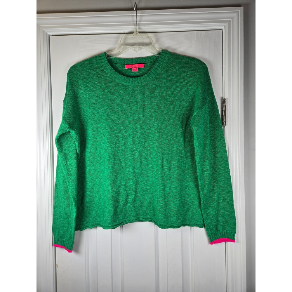Lilly Pulitzer Green Crewneck Sweater Pinkโ Trim Cuffs Relaxed Fit Medium